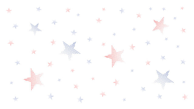 halftone star shapes with red and blue dotted star forms scattered on white background for modern abstract festive vector design