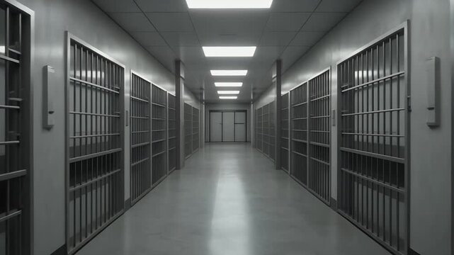 Long Grey Prison Hallway with Metal Bars and Fluorescent Lighting
