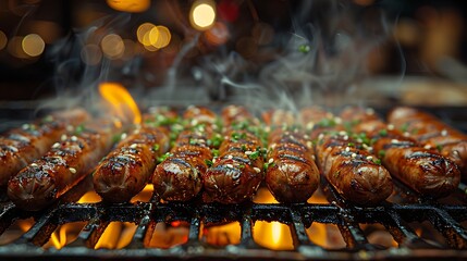 Sizzling sausages on grill with green herbs and sesame seeds