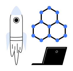 Technology advancement, innovation, exploration, science communication, connectivity, and future concepts. Minimalistic rocket, molecule structure and laptop design. Innovation and science