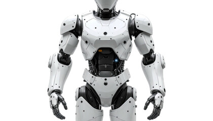 A detailed, frontal view of a futuristic humanoid robot with metallic components