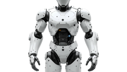 A detailed, frontal view of a futuristic humanoid robot with metallic components