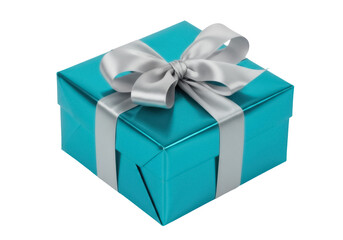 Shiny turquoise gift box with silver ribbon isolated PNG, present for birthday or Christmas on transparent background