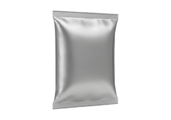 Silver foil sachet isolated PNG on transparent background, blank packaging mockup for food, snack, or cosmetic product