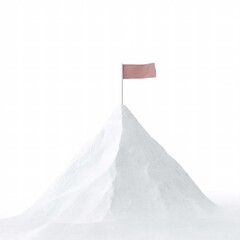 Snowy Mountain Peak with Red Flag, Winter Landscape, Isolated White Background