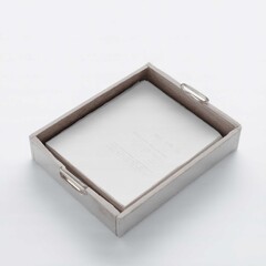 Empty silver tray with handles on white background, luxury serving dish