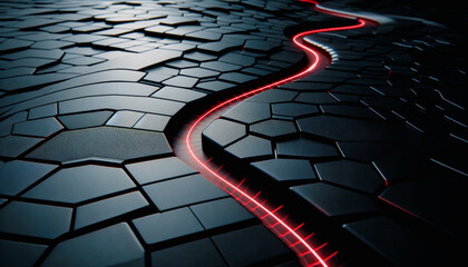 Winding Red Neon Path Through Black Hexagon Surface