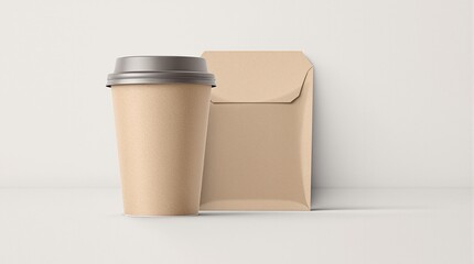 Coffee cup and envelope mockup on a clean background, minimalist branding concept