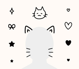 Cute Cat Face Parts and Doodle Set: Hand-drawn Vector Illustration