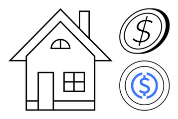 Real estate, investment, property purchase, home financing, banking, wealth management. Minimalist house outline with two currency coins. Real estate and investment concept