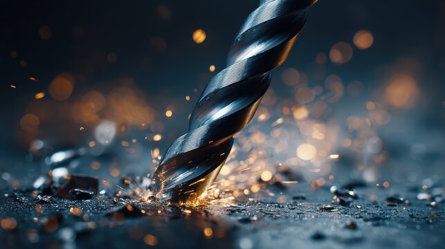 Close up of metal drill bit boring into steel plate with glowing sparks and bokeh background, industrial machining and metalworking process concept