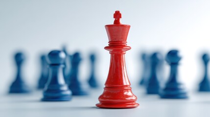 Single red chess king standing prominently in front of blurred blue chess pieces, leadership and business strategy concept, unique identity and being different in a crowd