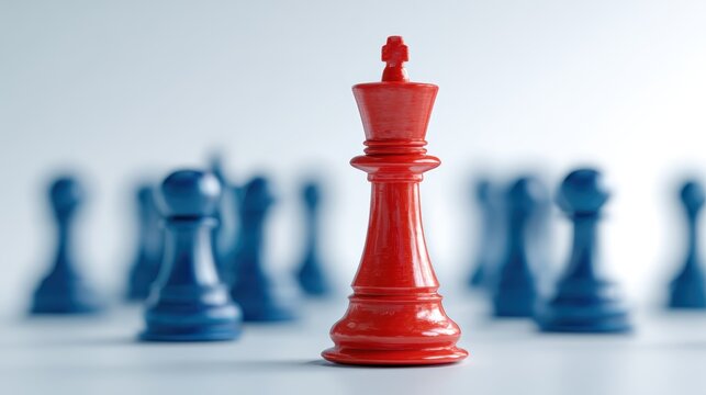 Single red chess king standing prominently in front of blurred blue chess pieces, leadership and business strategy concept, unique identity and being different in a crowd