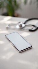 Smartphone with earphones on notebook, mobile workspace concept