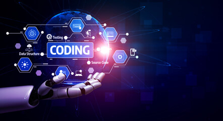 A captivating image showcasing a robotic hand presenting various coding concepts against a stylized blue digital backdrop, symbolizing the future of technology and automation. Tessel