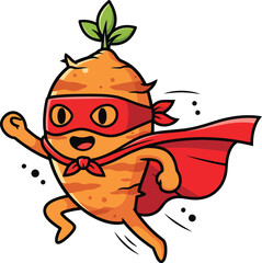 A cheerful cartoon carrot superhero flying with a flowing red cape and matching eye mask.
