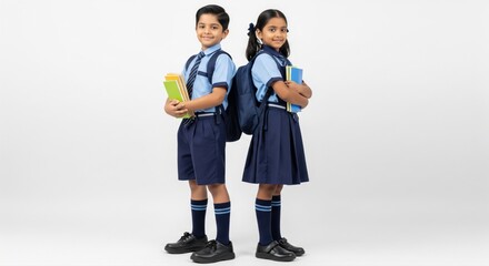 happy indian school students wearing uniform standing on isolated background