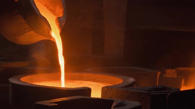 Molten orange metal flows into industrial casting molds during a high-temperature foundry operation, showcasing the intense process of manufacturing and shaping raw materials
