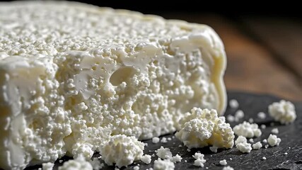 A closeup shot of a fresh crumbly block of white cheese possibly cottage cheese or ricotta showcasing its rich texture and delicious appearance ready for culinary use or healthy eating.