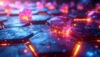Futuristic digital hexagon field with glowing cubes