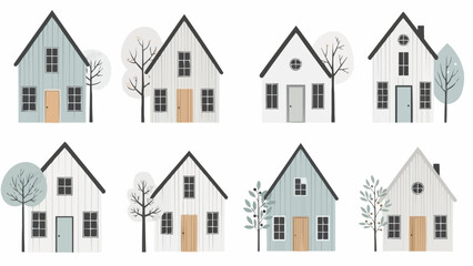 Fototapeta premium Collection of Eight Charming Scandinavian Style Houses with Trees.