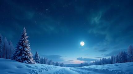 Magical winter night sky with a bright full moon and faint aurora, overlooking a snow-covered forest and a quiet path, creating a mystical and tranquil scene.