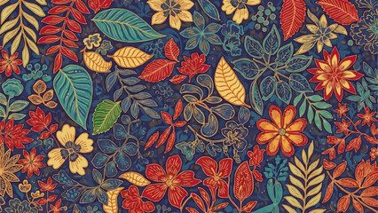 Vibrant Autumn Floral Pattern with Detailed Leaves and Blossoms.