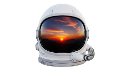 Astronaut helmet with sunset reflection, isolated on transparent background