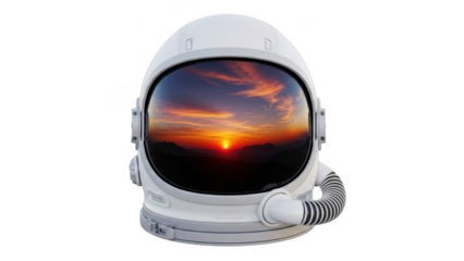Astronaut helmet with sunset reflection, isolated on transparent background