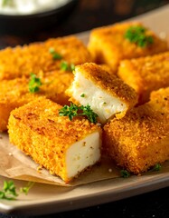 Fried, golden cubes with a creamy white interior, garnished with parsley