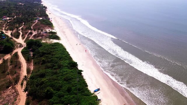 Mud pathway with Beach Shacks, shore line and greenery at colva beach, goa. day time, bird eye view shot, drone shot, 4k.