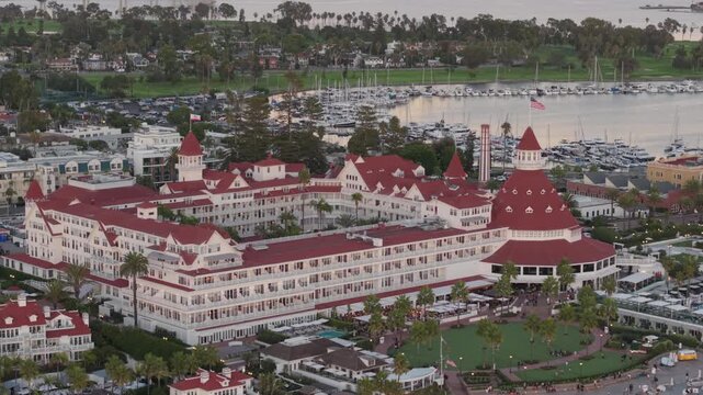 The Hotel del Coronado in San Diego, California, aerial drone shot.