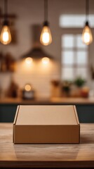Paper coffee cup on cafe counter with warm lights, takeaway drink