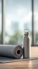 Yoga mat and water bottle near window, home fitness workout setup