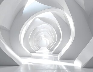 Modern, bright interior design with a corridor featuring curved, white, architectural elements. Natural light illuminates the space