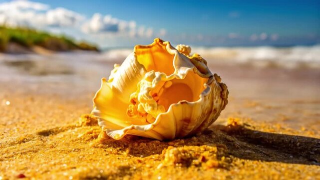 Close up of a sunlit seashell on a sandy beach shore near the ocean