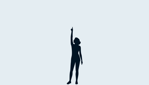 Silhouette of a woman with her arm raised and finger pointing upwards on a light background.