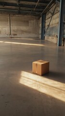Warehouse hallway with cardboard box on floor, logistics and storage