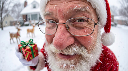 Funny Santa portrait in glasses shot on fisheye lens during snowfall
