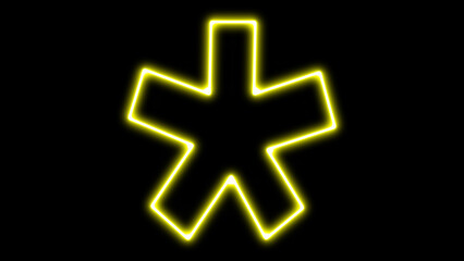 Bright yellow glowing neon asterisk star symbol, a vibrant electric mark for attention or footnote indication, creating a modern digital effect isolated on black background.