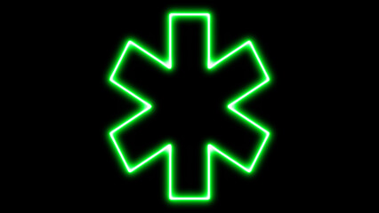 Bright green neon glowing Star of Life medical emergency symbol icon representing critical healthcare services and life-saving assistance, isolated on black background