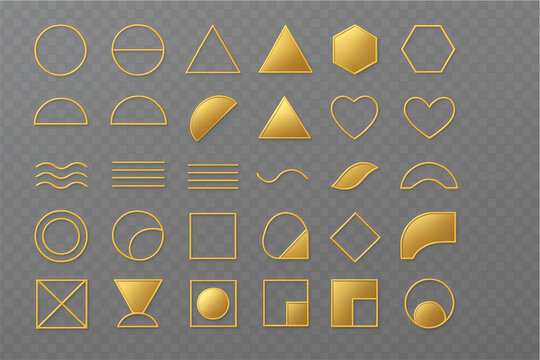  A collection of elegant golden geometric shapes and frames with a metallic gradient. The set features circles, triangles, hexagons, and wavy lines, designed