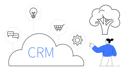 Customer service, business processes, online shopping, cloud computing, automation, innovation. Cloud labeled CRM surrounded by icons for chat, lightbulb cart cog wheel. Customer service