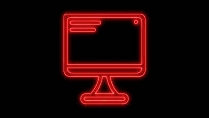 Colorful red neon glowing computer monitor icon, an illuminated digital display symbol for technology, communication, and internet concepts, isolated on black background