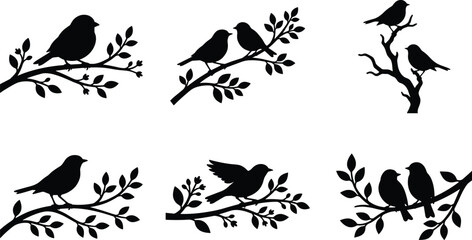 Bird silhouettes on branches vector set, flying perched birds nature illustration, wildlife animal shapes isolated on white background