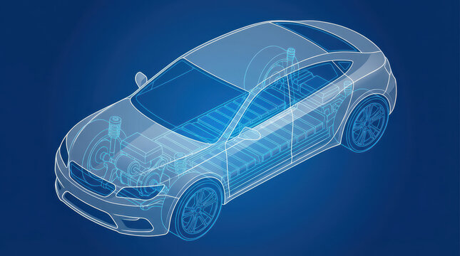 Blueprint wireframe rendering of a modern car showing internal components. - Powered by Adobe