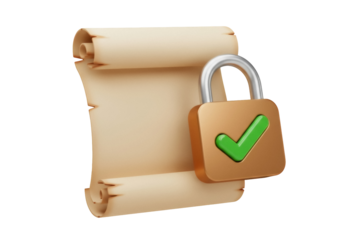 Scroll with padlock and green checkmark isolated PNG, security concept for data protection and secure document management