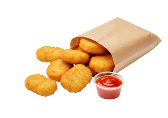 Golden chicken nuggets with ketchup isolated PNG, crispy fried snack in paper bag on transparent background for fast food menus and takeout