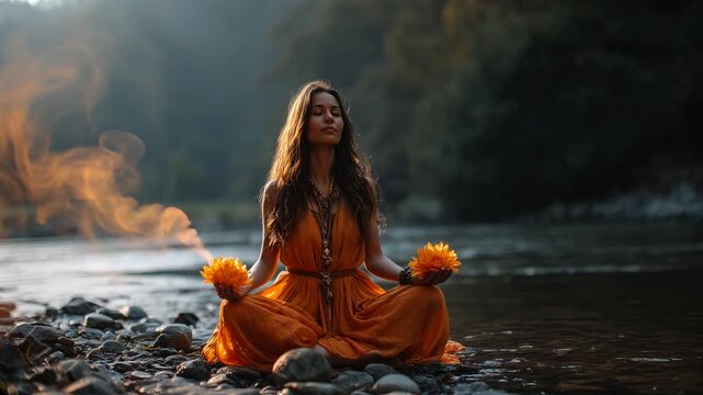spiritual woman in orange dress meditating with an orange lotus emitting smoke near by river. second chakra sacral energy svadhisthana activation
