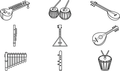 Obraz premium Minimalist Line Art Vector Icon Set Featuring Diverse Global Musical Instruments Including Sitar, Tabla, Flute, Panpipes, and Balalaika for Educational and Cultural Design.